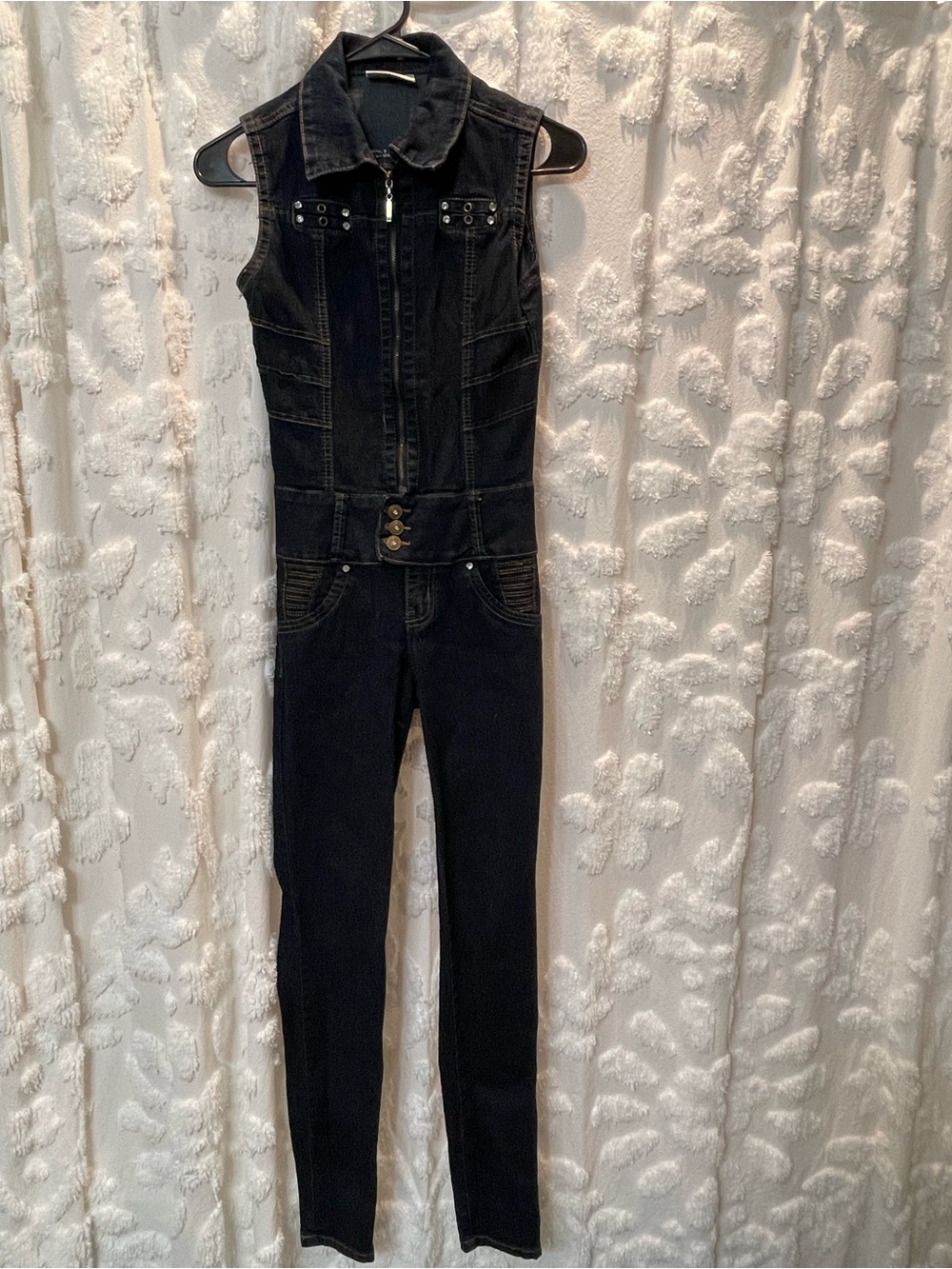 M. Michel Y2K navy denim jumpsuit with zipper and button details